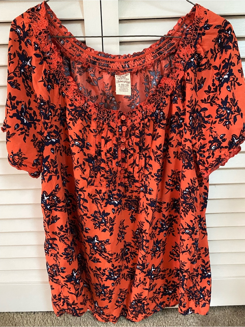 Faded Glory Orange Floral Peasant Blouse with Navy Print